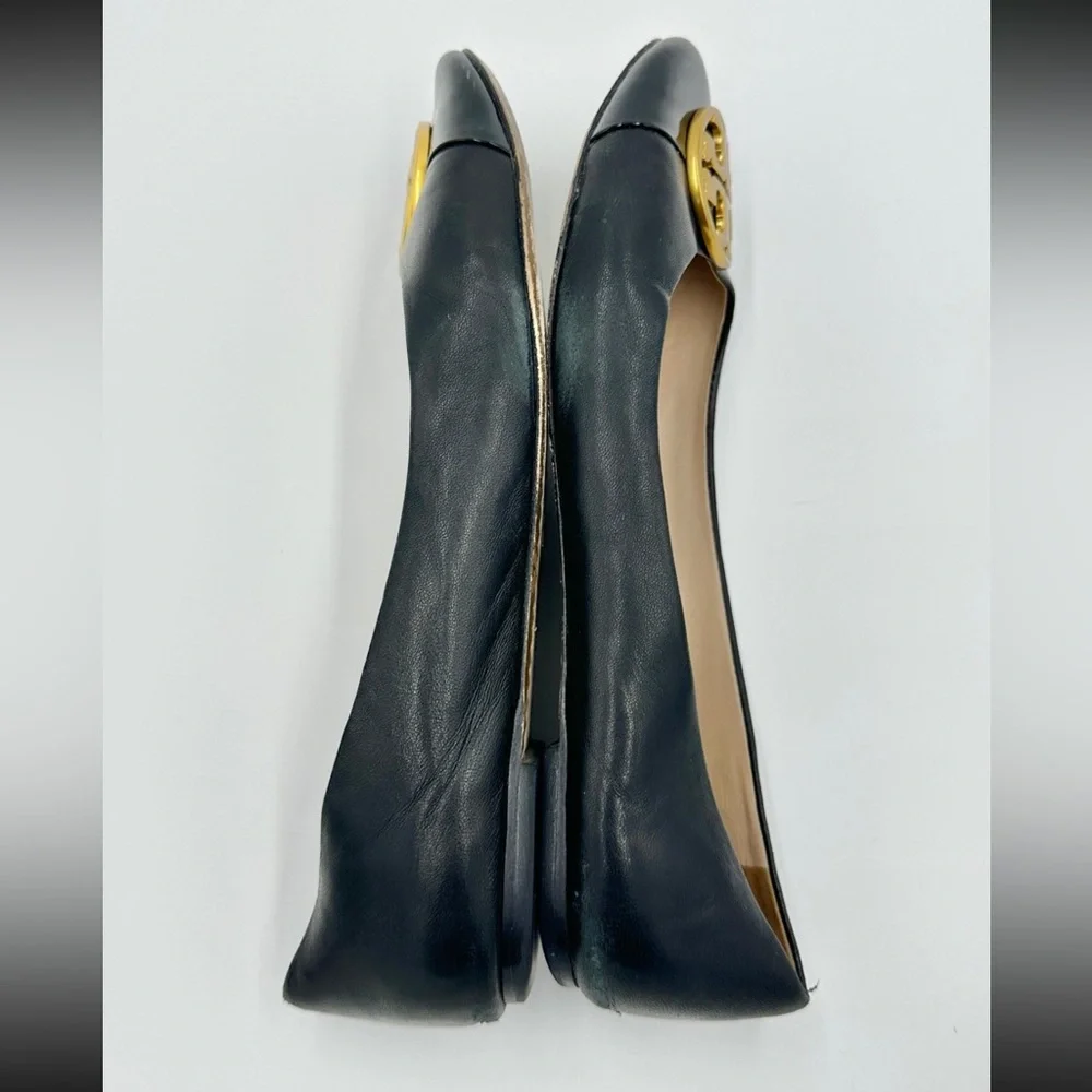 Tory Burch Chelsea Ballet Flats Napa Leather‎ Black Gold Medallion cap toe 9.5M